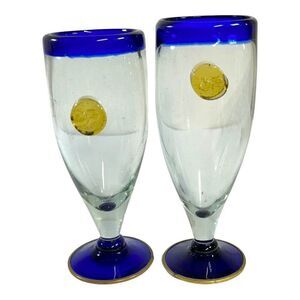 Vintage Recycled Glass Mexican Blue Rim & Gold Embellished Goblet Glasses 7"